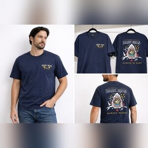 Dark Seas Dangerous Goods T-Shirt Navy Shark Graphic “Always in Deep” Back Print